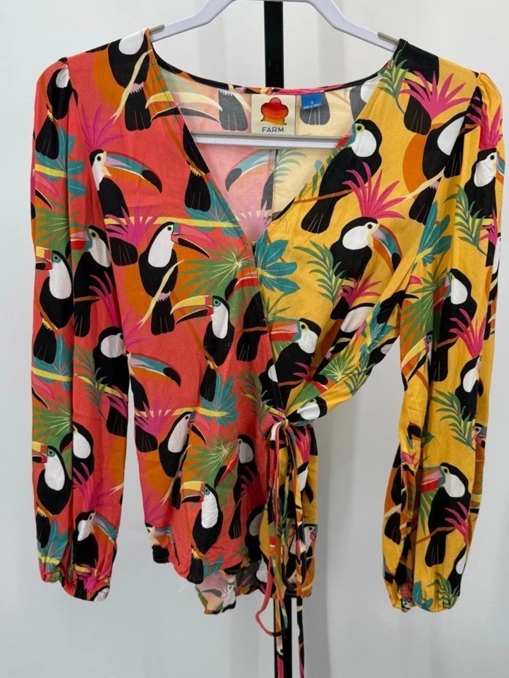 Farm Rio Rainforest Toucan Wrap Blouse Yellow & Pink Small